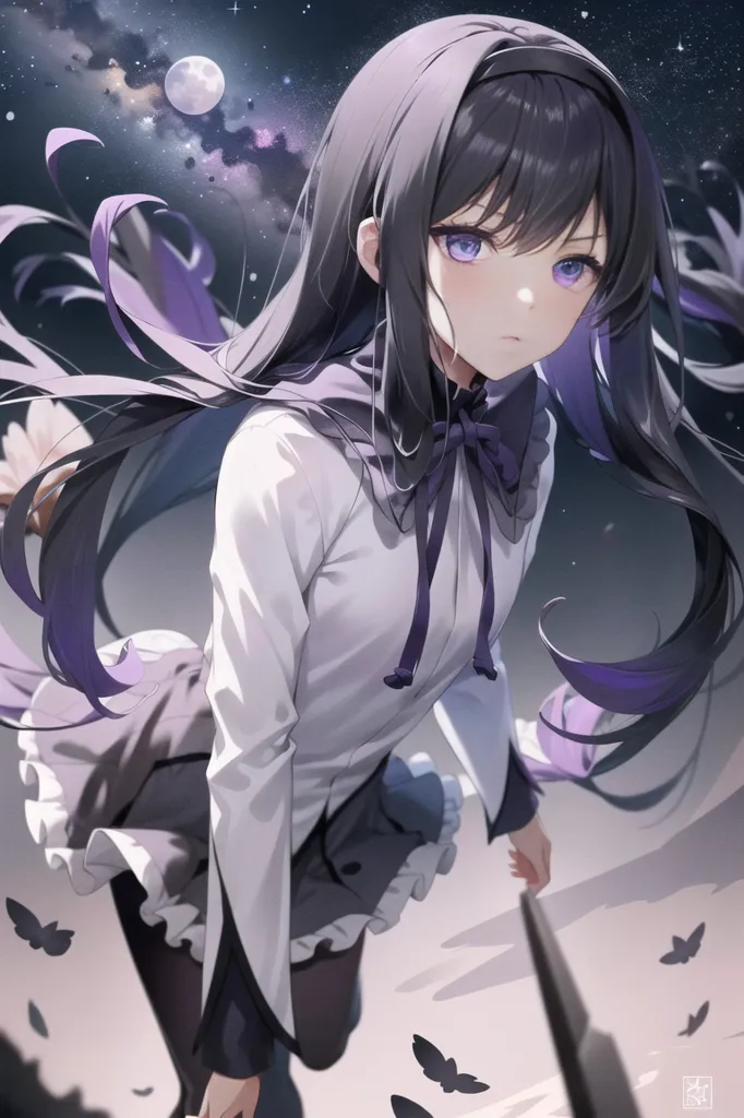 The image is of a young girl with long purple hair and purple eyes. She is wearing a white shirt with a purple bow and a gray skirt. She is standing in a starry night sky with a full moon in the background. There are also some purple butterflies in the foreground. The girl is looking at the viewer with a slightly sad expression.