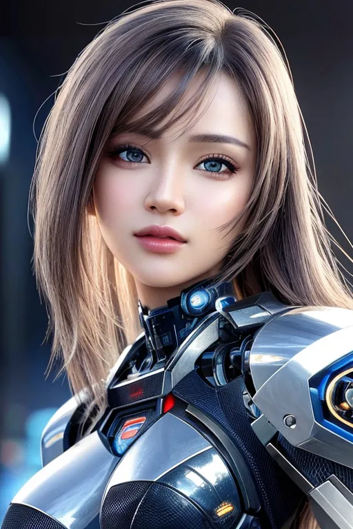 This is an image of a beautiful young woman with long silver hair and blue eyes. She is wearing a futuristic suit of armor. The armor is silver and black, and it covers her chest, shoulders, and arms. She is also wearing a helmet that covers her head and face. The helmet has a visor that is open, and her eyes are visible. She is standing in a dark room with a blue light shining on her.