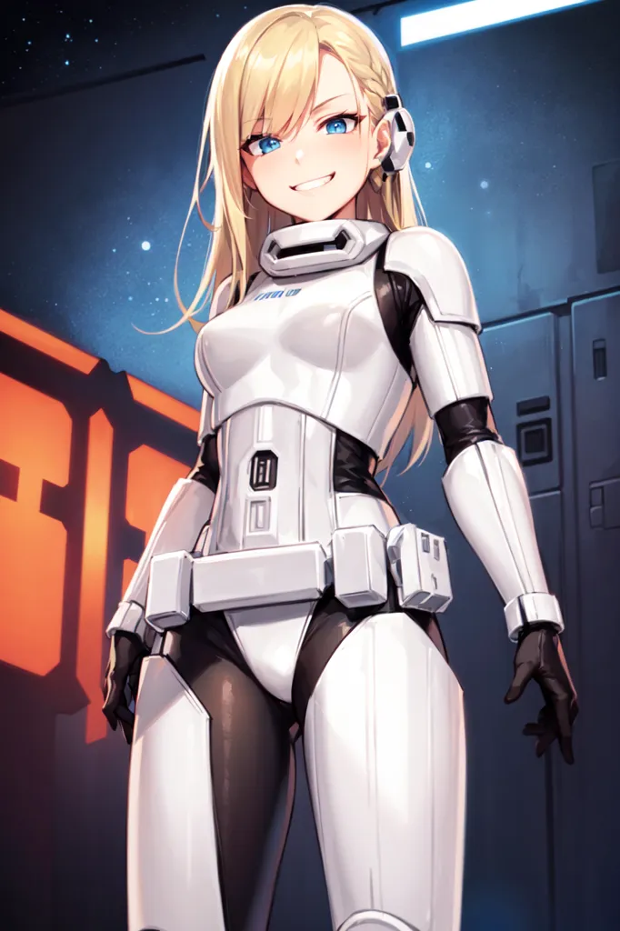 The image is an anime-style illustration of a young woman in a white bodysuit and black gloves. She has long blonde hair and blue eyes, and is wearing a white helmet with a black visor. She is also wearing a black belt with a silver buckle, and there is a red symbol on the wall behind her.