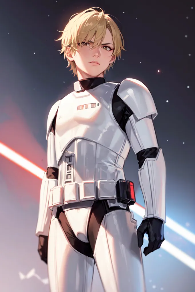 This is an image of a young man dressed in a white stormtrooper uniform from the Star Wars series. He is standing with his feet shoulder-width apart, his left hand on his belt and his right hand hanging by his side. He has short blond hair and light brown eyes. His expression is serious and determined. There is a red lightsaber blade to the left of him and a blue lightsaber blade to his right.