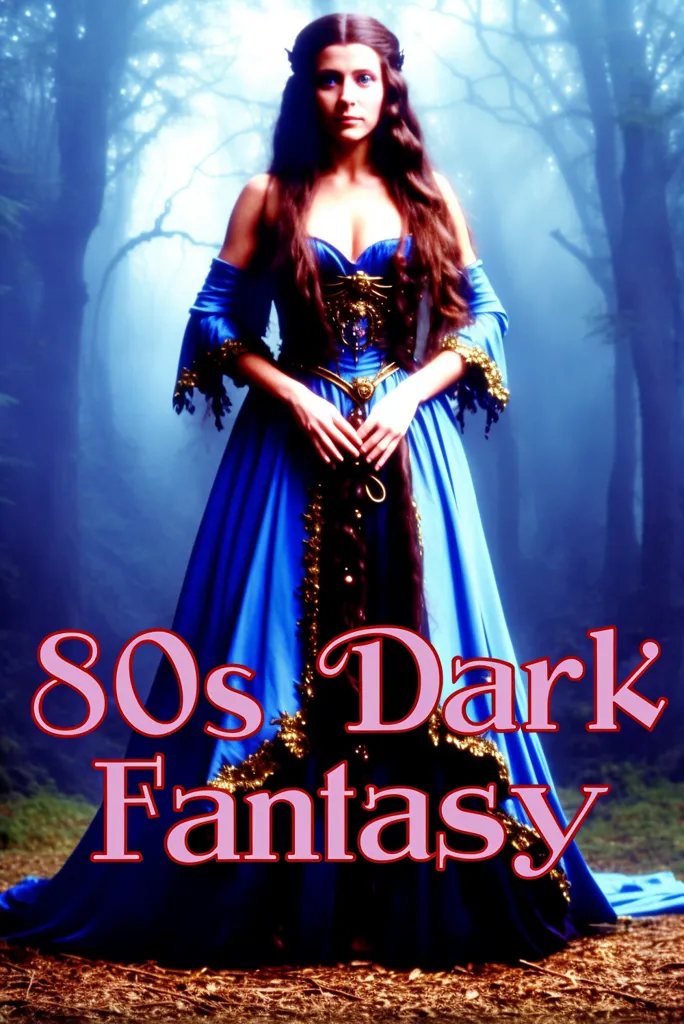 The image is of a woman wearing a blue dress with a gold and brown belt and gold trim on the sleeves. She is standing in a forest, with one hand holding her long brown hair and the other at her waist. The background is dark and shadowy. The text "80s Dark Fantasy" is written in pink and gold letters at the top of the image.