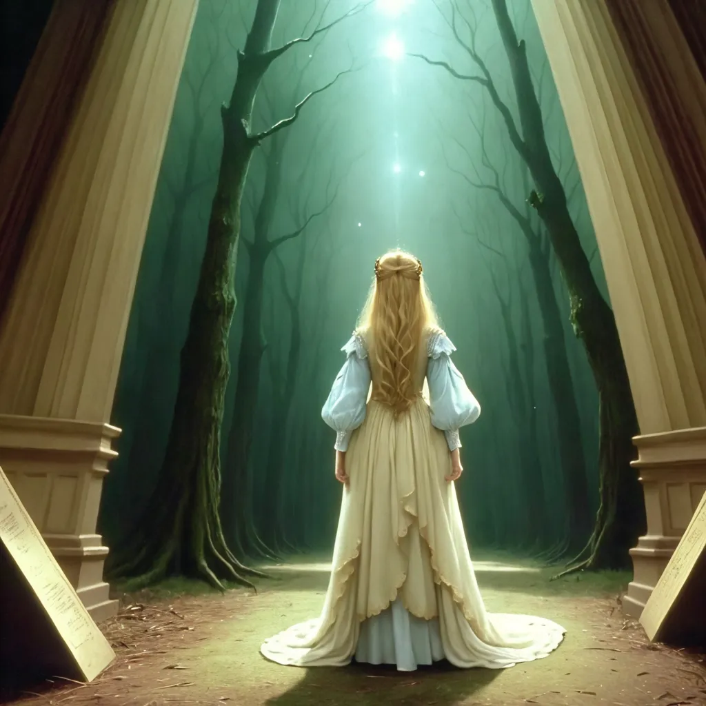 The image is of a woman in a white dress standing in a dark forest. The forest is made up of tall, thin trees with no leaves. The woman is standing in a clearing, and there is a bright light coming from the sky above her. The woman is wearing a long, white dress with a high collar. She has long, blond hair and her head is turned away from the viewer. The image is very mysterious and it is unclear what is happening.