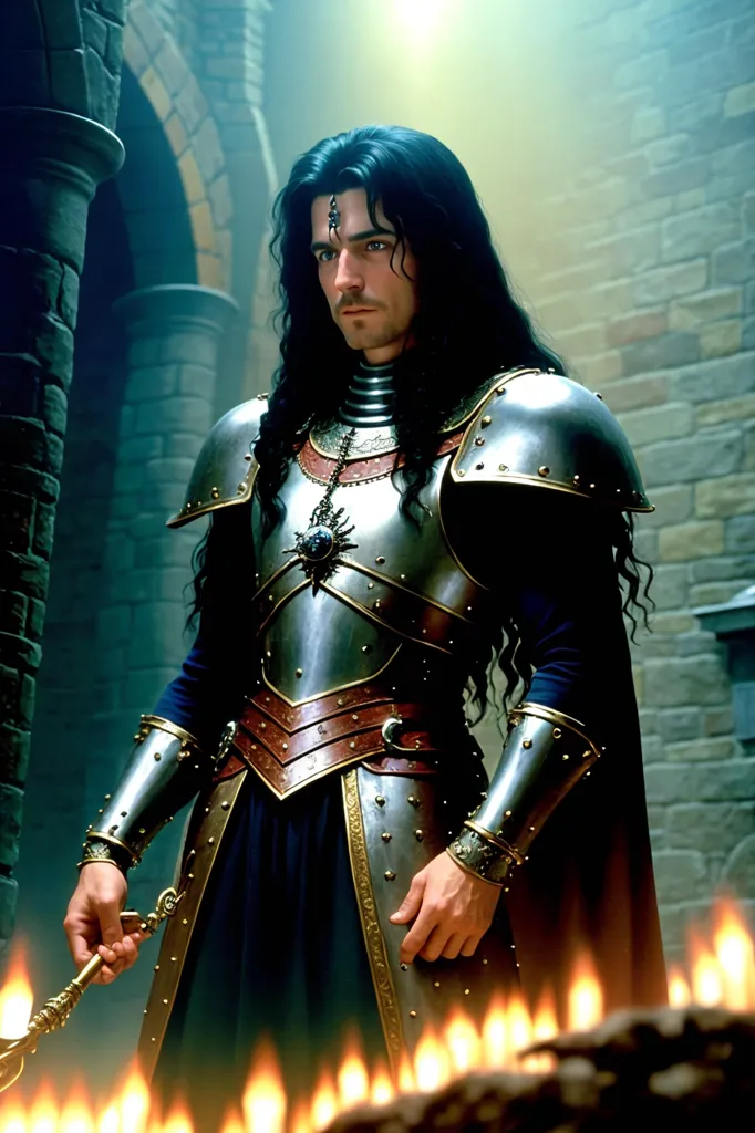 This is a picture of a man wearing a suit of armor. He has long black hair and a mustache. He is standing in a dark room, with a stone wall behind him. There are flames in front of him. He is holding a sword in his right hand. He is wearing a blue cape. The armor has gold trim.