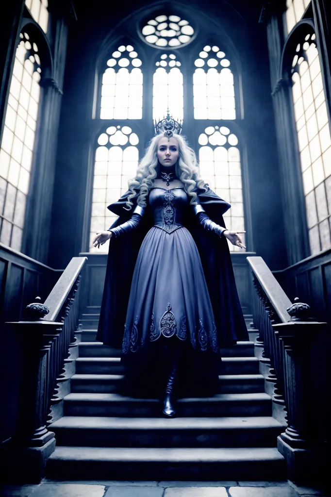 The image is of a woman in a blue dress with a silver crown on her head. She is standing at the top of a staircase, with her arms outstretched. The woman has long white hair and blue eyes. She is wearing a silver necklace and earrings. The dress has a sweetheart neckline and is fitted to the waist. The skirt is full and flows down to the ground. The woman is standing on a marble floor. There is a large window behind her with stained glass.