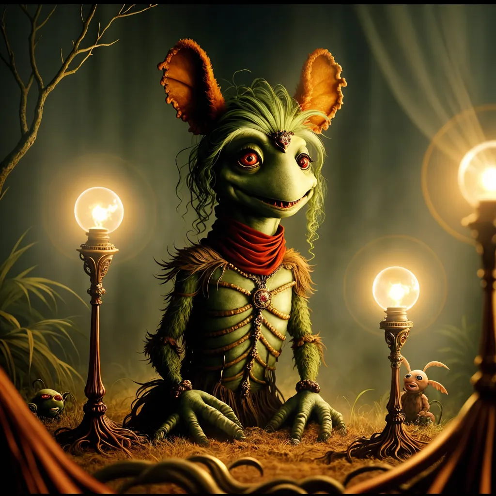 This image shows a green creature with large ears and a red scarf sitting on a rock in a dark forest. The creature has a friendly expression on its face and is looking at the viewer. There are three small creatures sitting around it, and there are three glowing mushrooms behind it.