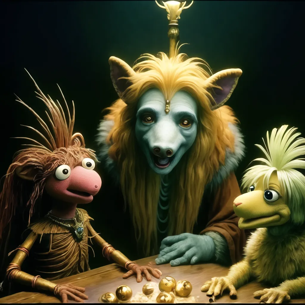 The image shows three creatures from the movie The Dark Crystal. There is a furry creature with long blond hair, a creature with pink skin and a yellow mohawk, and a yellow bird-like creature. They are all sitting around a table playing with golden balls.