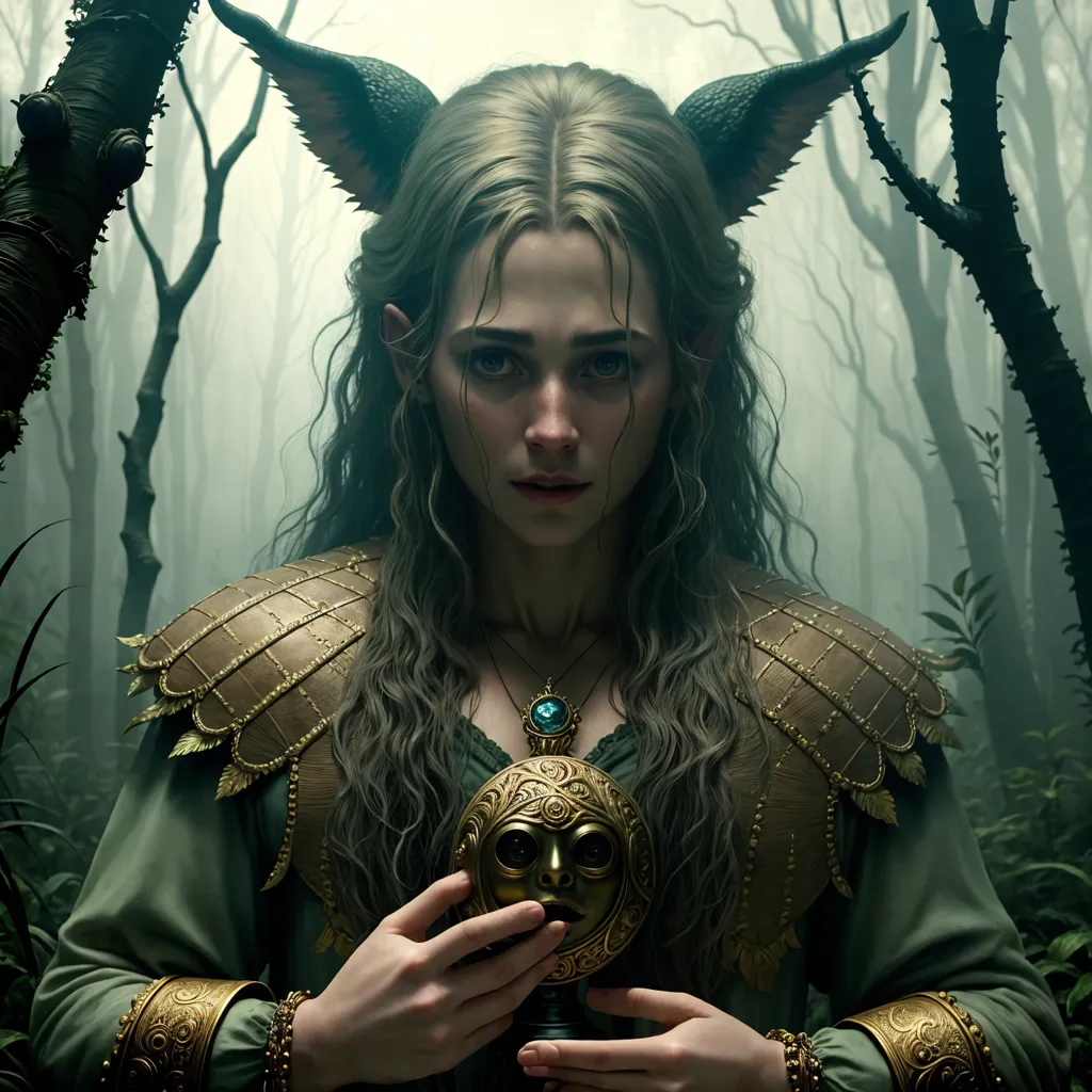 The image shows a beautiful woman with long blonde hair and green eyes. She is wearing a green dress with gold trim and has a gold necklace with a blue gem in the center. She is also wearing gold bracelets and has a gold mask in her hands. The woman is standing in a forest and is looking at the viewer with a serious expression.