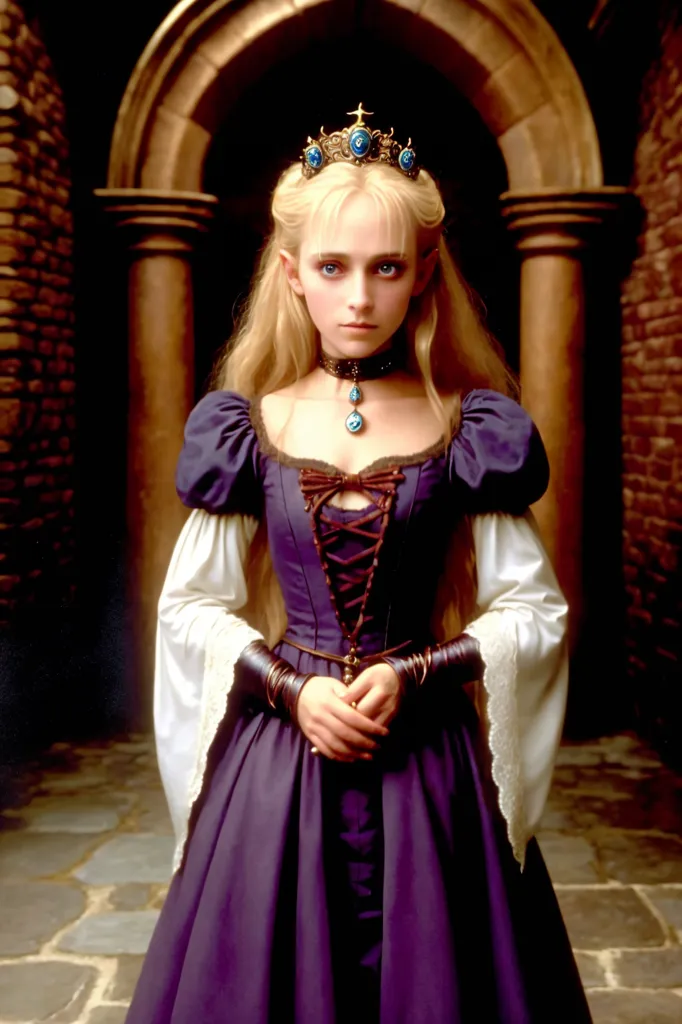 The image shows a young woman, with long blond hair, wearing a purple dress with a white camisole. The dress has a V-neck with a brown corset. She is wearing a gold and blue tiara, a blue necklace, and brown leather bracers. She is standing in a stone hallway, with a large archway behind her.