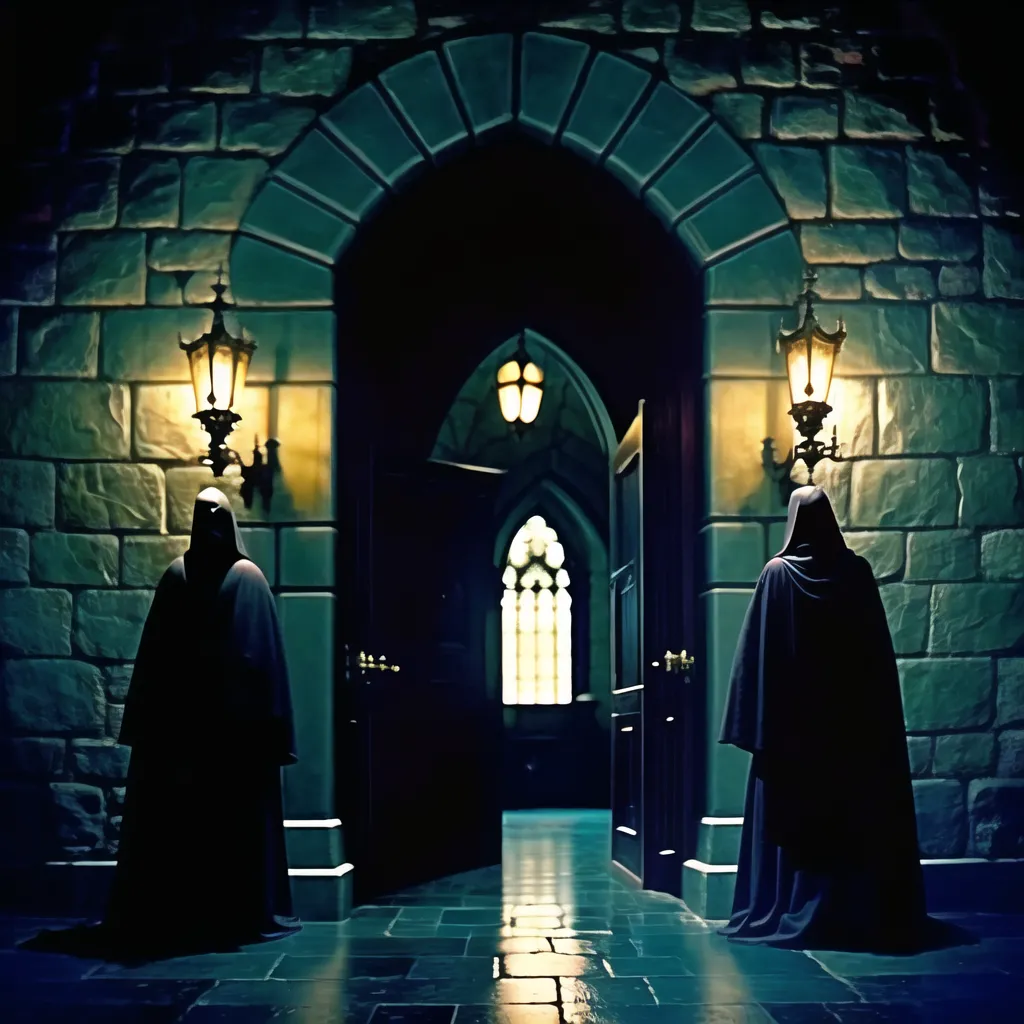 The image is a dark and mysterious hallway with a large door at the end of it. The walls are made of dark gray stone and the floor is made of black and white marble tiles. There are two tall, hooded figures standing on either side of the door. The figures are wearing long black robes and their faces are hidden by the hoods. The only light in the hallway is coming from two lanterns that are hanging from the walls. The image is full of suspense and mystery and it is unclear what is behind the door.