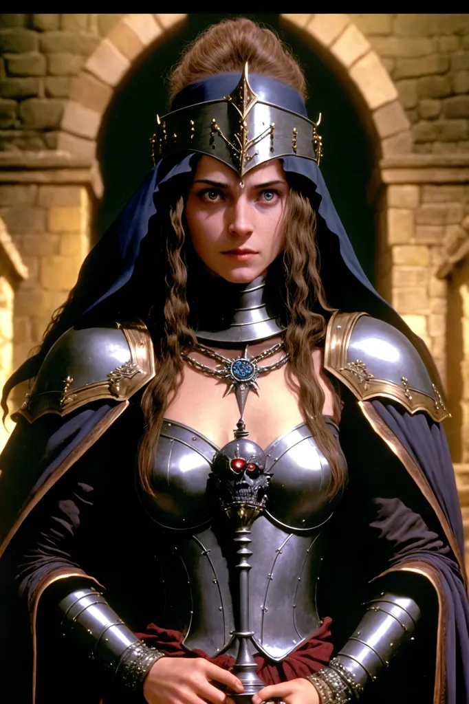 This image shows a woman wearing a suit of armor. The armor is made of metal and has a skull-shaped design in the center of the chest. The woman has long brown hair and blue eyes. She is wearing a crown and a necklace with a large blue gem in the center. She is also wearing a cape that is lined with fur. The woman is standing in a dark room with stone walls. There is a large door behind her.