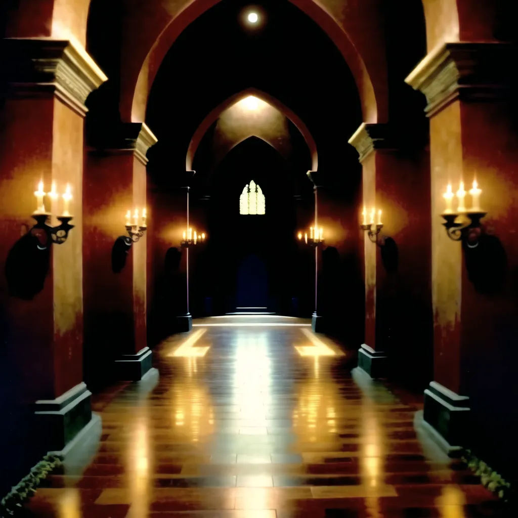 The image is a long, dark hallway with a high ceiling. The walls are made of dark wood and the floor is made of polished stone. There are sconces on the walls with candles flickering in them. The light from the sconces casts a warm glow over the hallway. At the end of the hallway is a large door made of dark wood. The door is closed and there is no light coming from inside.