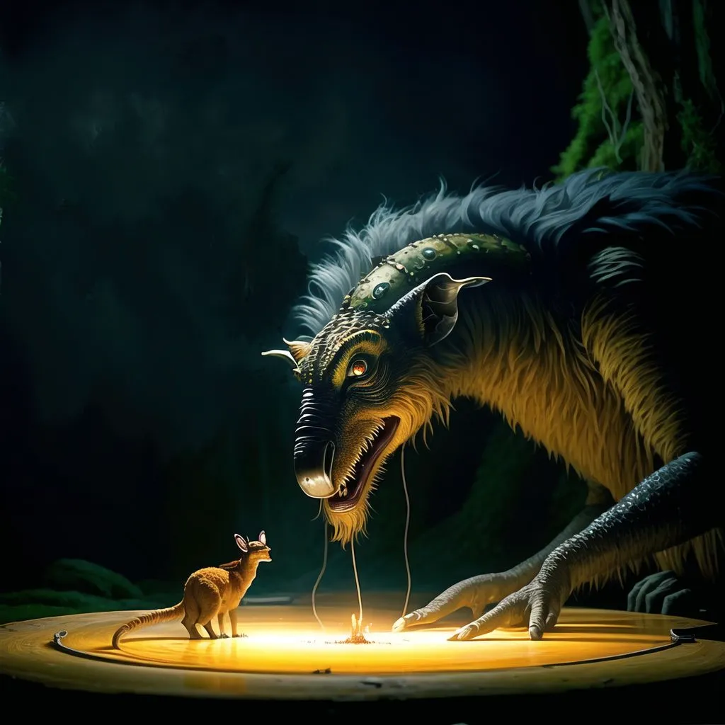 The image is a dark fantasy painting of a large reptilian creature with fur and a long tail. The creature is crouched down on a stone platform, its head turned to the side as it looks at a small mouse-like creature that is standing on the platform. The mouse is looking up at the larger creature with a mixture of fear and curiosity. The platform is lit by a single candle, which is casting a flickering light over the scene. The background is a dark forest, with trees and branches silhouetted against the sky.