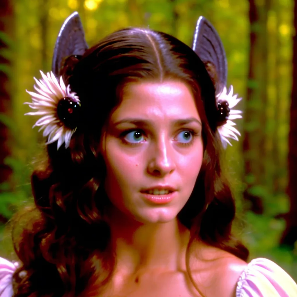 The image shows a young woman with long brown hair and green eyes. She is wearing a white dress with a low neckline. Her hair is decorated with two large white flowers with black centers. She is also wearing a pair of black bat wings. The woman is standing in a forest, and she looks surprised.