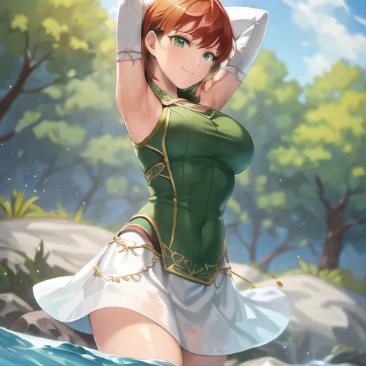 The image is of a young woman standing in a river. She is wearing a green and white dress. The dress is sleeveless and has a low neckline. The woman's hair is red and her eyes are green. She is smiling and has her arms raised above her head. The background of the image is a forest. There are trees and bushes on the banks of the river. The water is clear and blue. The woman is standing on a rock in the middle of the river. She is looking at the camera.