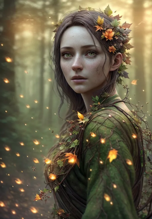 This image shows a beautiful woman, with light brown hair and green eyes, who appears to be a nature spirit. She is wearing a green dress that is covered in vines, leaves, and flowers. She has a crown of flowers on her head and her face is painted with green and brown stripes. She is standing in a forest, and there are fireflies flying around her.