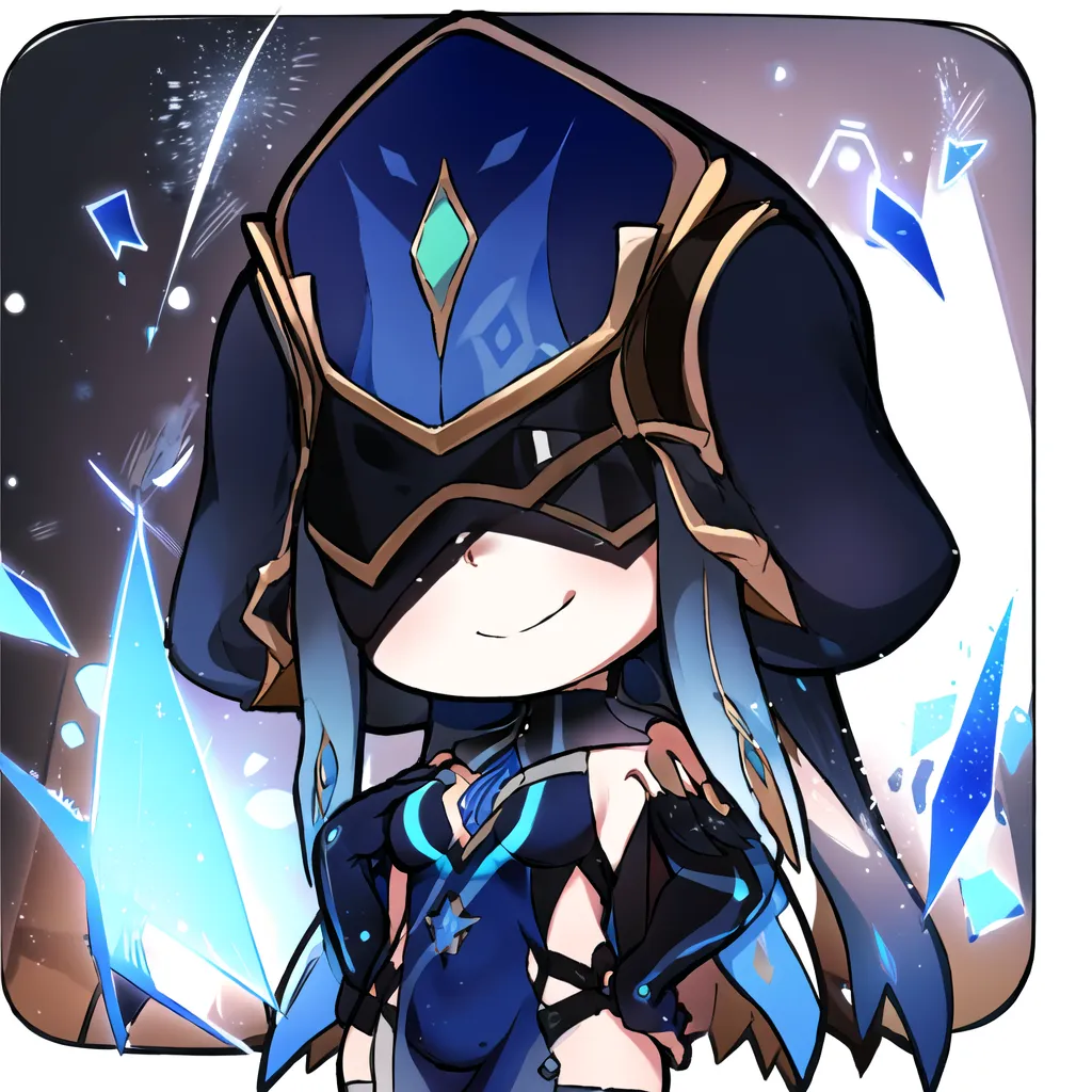 The image is of a chibi character from the game Genshin Impact. The character is named Mona, and she is a playable character in the game. She is a hydro catalyst user, and her constellation is Astrolabius. Mona is a young woman with a slim figure and fair skin. She has long, blue hair that is tied up in a ponytail, and her eyes are a light blue color. She wears a blue and black outfit, and she has a large hat that is also blue and black. Mona is a very intelligent and resourceful person, and she is also very kind and compassionate. She is a valuable asset to the Traveler, and she is always willing to help those in need.