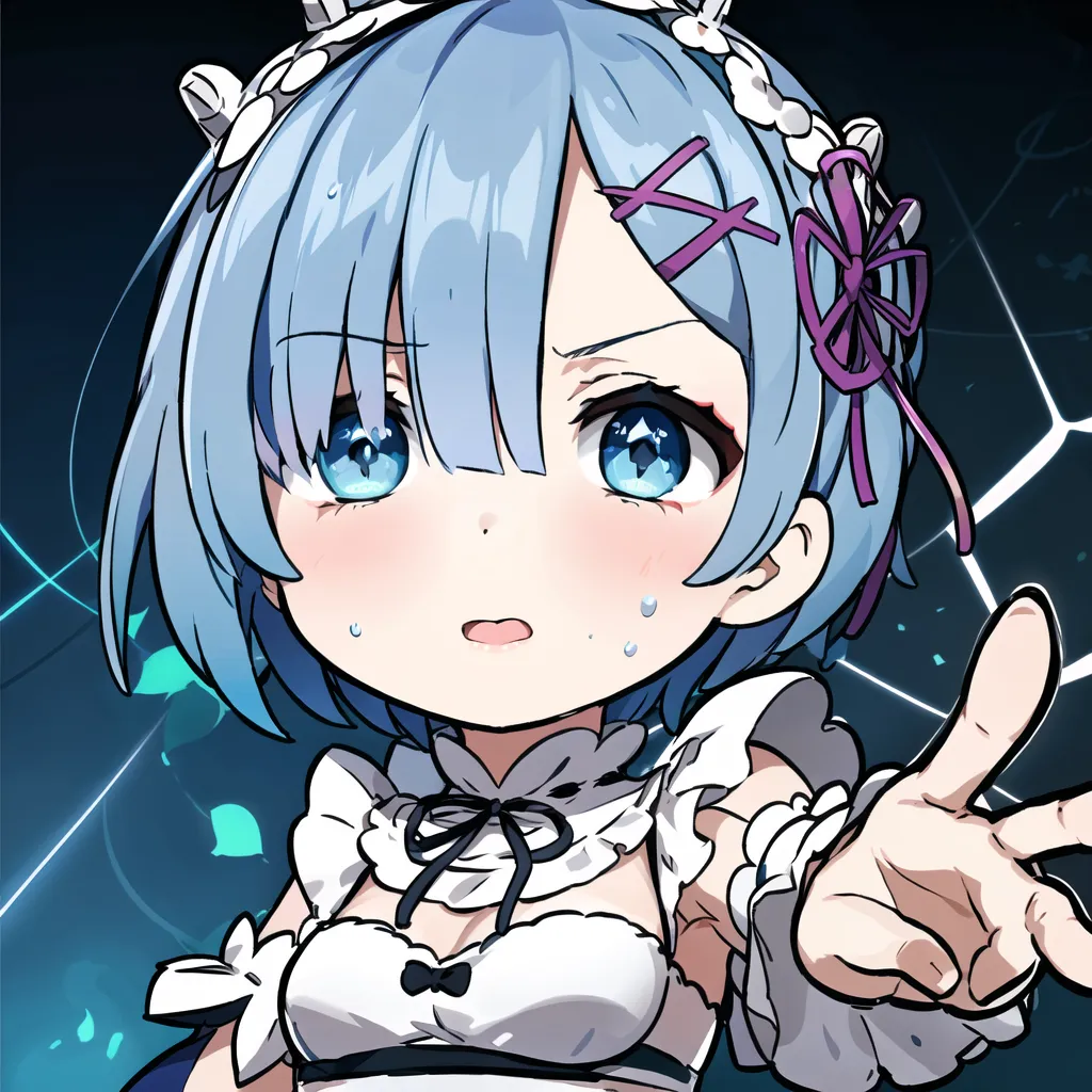 The image shows a young girl with blue hair and blue eyes. She is wearing a white and black maid outfit. She has a worried expression on her face and is looking at the viewer with her hand outstretched. The background is dark with a blue and green web-like pattern.