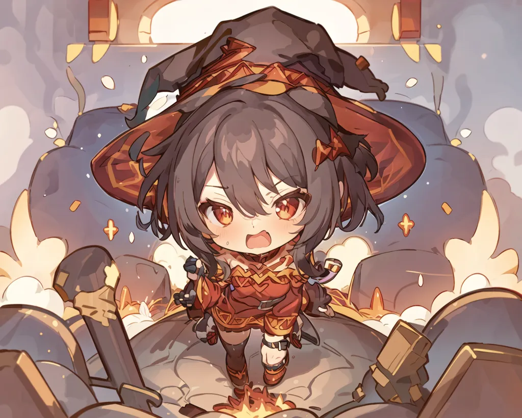 L'image représente une version chibi du personnage Klee du jeu Genshin Impact. Elle se tient devant un gros canon, le regardant avec une expression surprise sur le visage. Klee est une petite fille aux cheveux bruns et aux yeux rouges, vêtue d'un costume rouge et blanc. Elle porte également un gros sac à dos. Le canon est en métal et a un large canon. Il est également décoré de diverses roues dentées et engrenages. L'arrière-plan de l'image est un flou de couleurs orange et jaune.