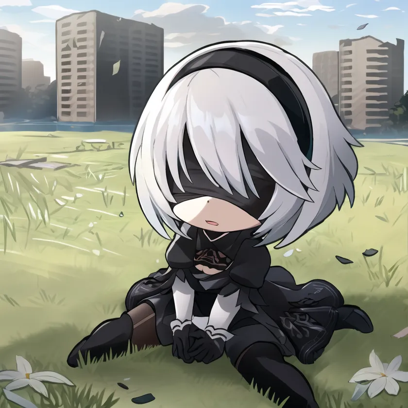 A imagem é de uma versão chibi do personagem 2B do jogo de vídeo game Nier: Automata. Ela está sentada em um campo gramado com uma cidade em ruínas ao fundo. Ela está usando seu vestido preto e venda característicos e tem uma expressão triste no rosto.