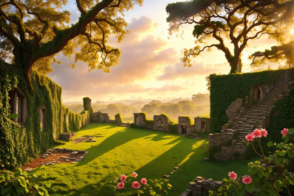 The image is of a ruined castle. The castle is made of gray stone and is covered in ivy. The castle is in a forest and there are large trees in the foreground. The sun is shining through the trees and there is a long shadow of the trees on the ground. There are some bushes in front of the castle. The sky is blue and there are some clouds. The image is very detailed and realistic.