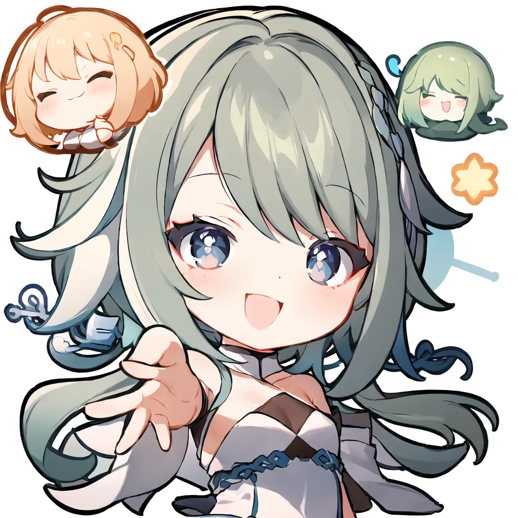 A imagem é de um personagem chibi do jogo Genshin Impact. O personagem é uma menina jovem com cabelos verdes longos e olhos azuis. Ela está usando um vestido branco com uma faixa azul. Ela tem uma expressão feliz no rosto e está se estendendo com uma mão. Há outros dois personagens chibi flutuando ao redor dela. Um é uma menina loira em um vestido rosa e o outro é um menino de cabelos verdes em um traje verde.