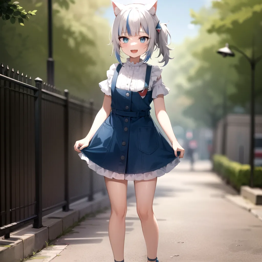 The image is of an anime-style girl with white hair and blue eyes. She is wearing a blue dress with a white collar and a white underskirt. She also has a shark tooth necklace and a shark fin hair clip. She is standing on a sidewalk next to a fence and there are trees and buildings in the background.