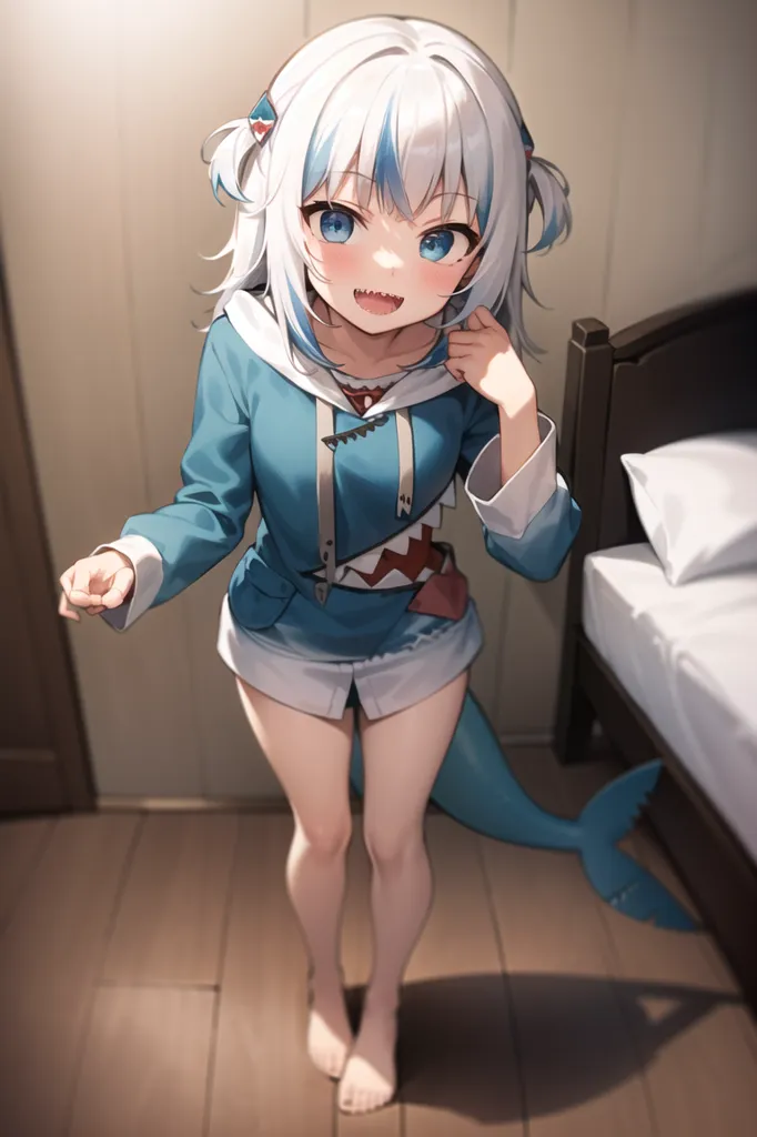 L'image représente une jeune fille de style anime aux cheveux blancs et aux yeux bleus. Elle porte un sweat à capuche bleu et blanc avec un motif de dent de requin. Le sweat est ouvert, laissant voir un t-shirt blanc en dessous. Elle porte également un short blanc. Elle a une queue de requin et est pieds nus. Elle se tient dans une pièce avec un lit et une porte. La fille sourit et a la bouche ouverte. Elle pointe également le spectateur de la main droite.