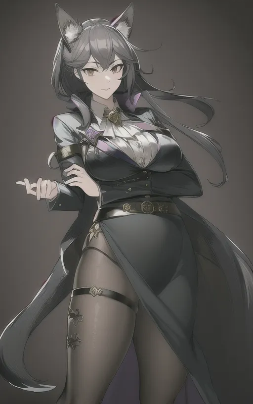 The image is of a beautiful anime-style girl with long purple hair and wolf ears. She is wearing a black and grey military-style uniform with a white dress shirt and black stockings. She is looking at the viewer with a confident expression on her face.