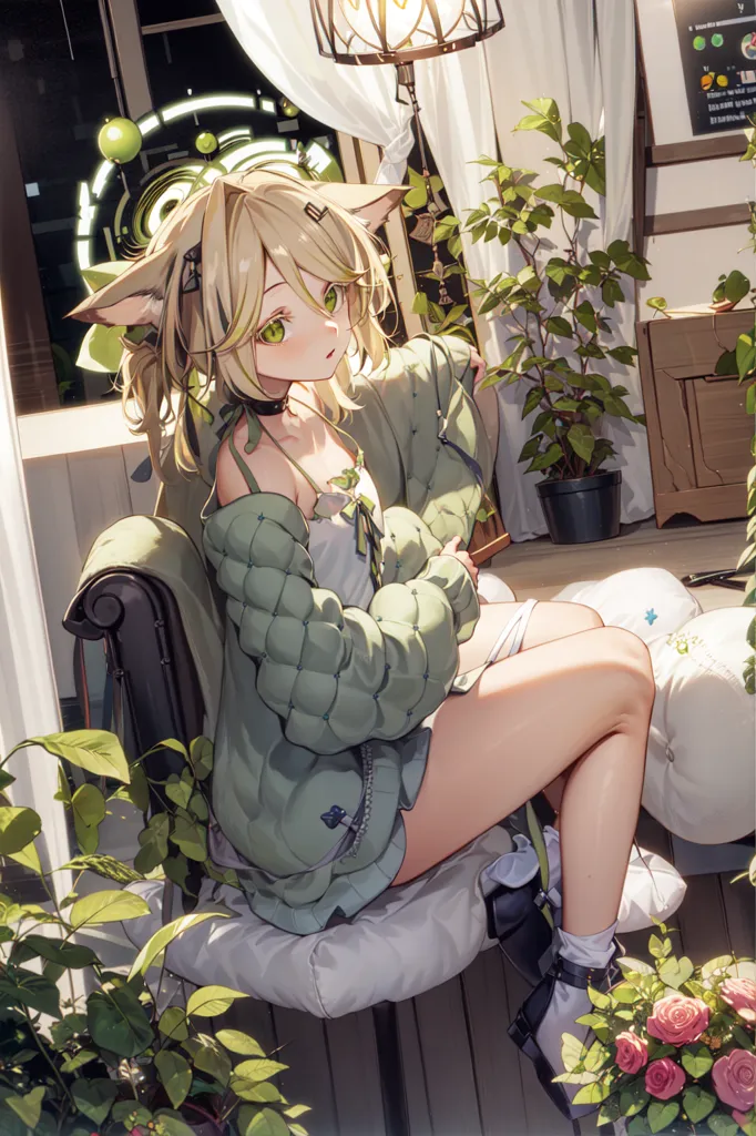 The image is of an anime-style girl with cat ears and blonde hair sitting in a chair. She is wearing a puffy green jacket and a white camisole. The girl is sitting in a room with a large window and there are plants and flowers all around her. The image is very detailed and the colors are vibrant. The girl's expression is soft and serene. She is looking at the viewer with her head tilted a bit downwards at an angle.