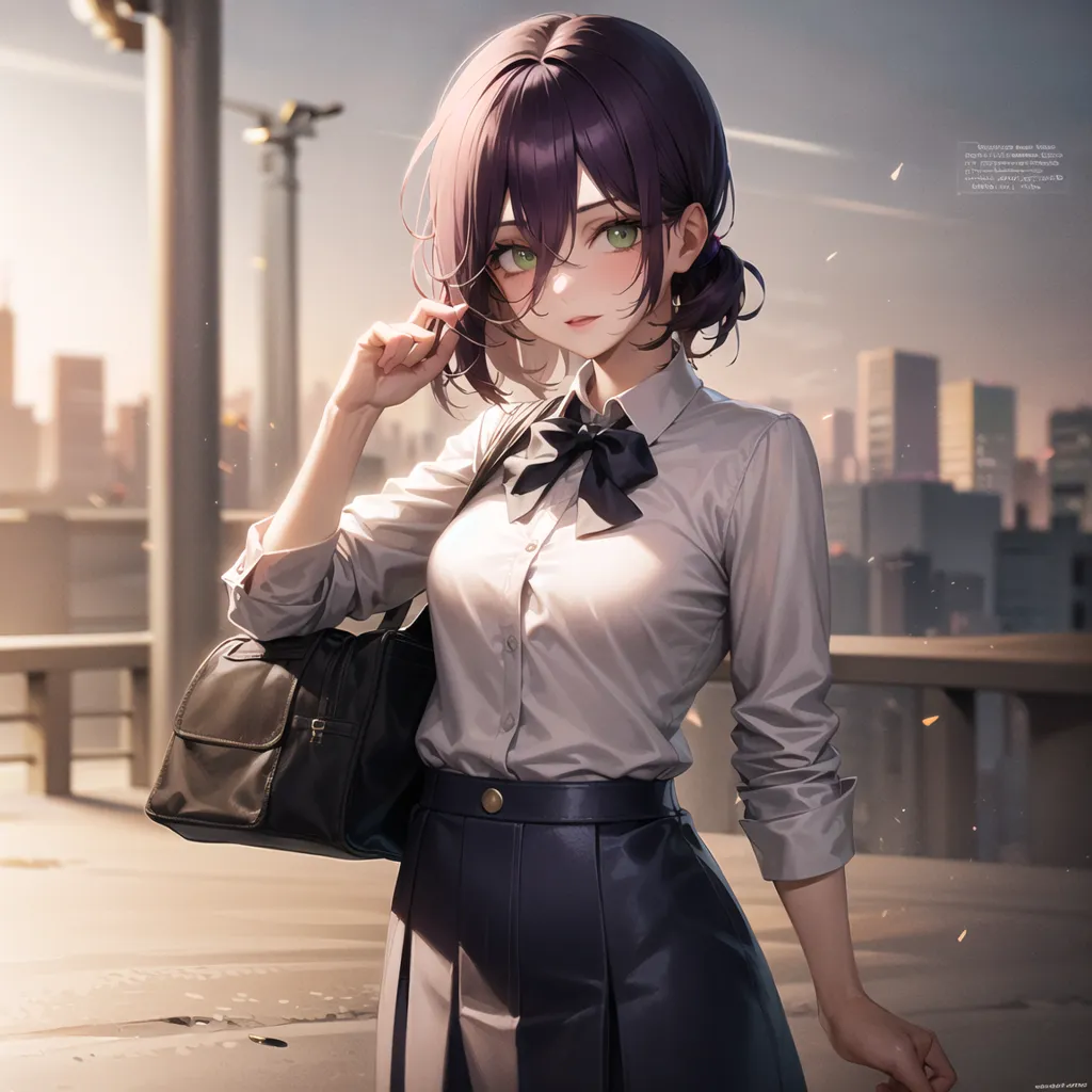 The image is a portrait of a young woman with purple hair and green eyes. She is wearing a white shirt, black skirt, and black bowtie. She is carrying a black bag over her shoulder. She is standing in a city with tall buildings in the background. The sun is shining brightly.