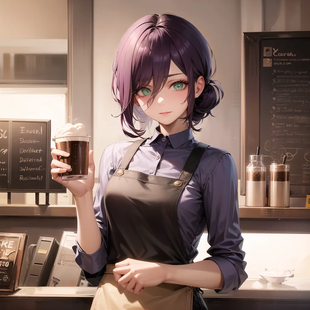 The image shows a beautiful anime-style girl with purple hair and green eyes. She is wearing a purple button-down shirt, a brown apron, and a name tag that says "Yachiyo". She is standing in a coffee shop, holding a cup of coffee with whipped cream on top. The background of the image is a coffee shop, with a menu on the wall and coffee-making equipment on the counter.