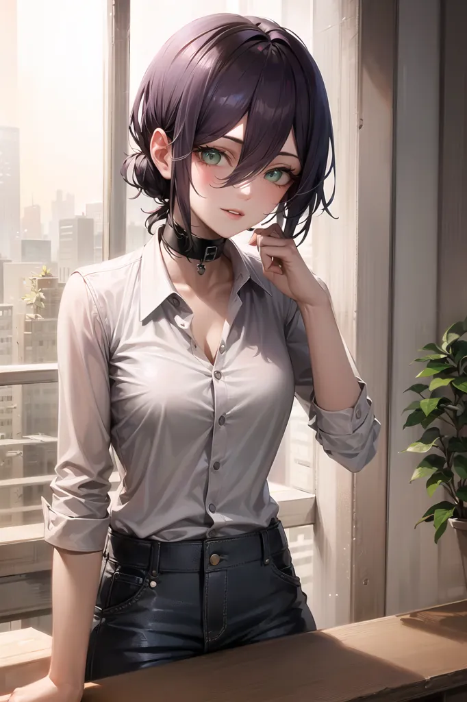 The image shows a young woman with purple hair and green eyes. She is wearing a white button-down shirt and dark jeans. She has a black choker around her neck and is looking at the viewer with a slight smile on her face. She is standing in front of a window with a plant on the right side of the frame. The background shows a cityscape with tall buildings.