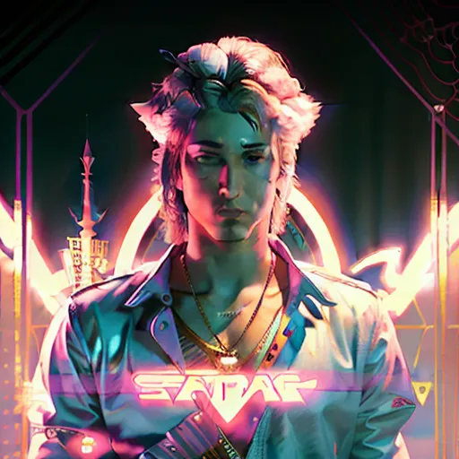 This is an image of a person with white hair and light skin. They are wearing a white jacket with a colorful pattern and a white shirt. They have a necklace with a pendant that says "SADAR". The background is dark with bright lights.