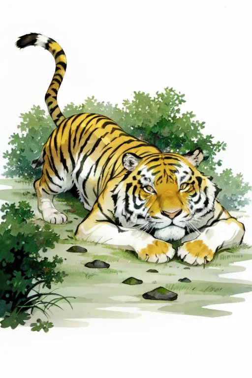 The image is a watercolor painting of a tiger. The tiger is crouching in a grassy field, its tail swishing behind it. The tiger's fur is orange and black, with white on its belly and paws. The tiger's eyes are green and its teeth are bared. The background of the image is a blur of green and brown, representing the jungle.