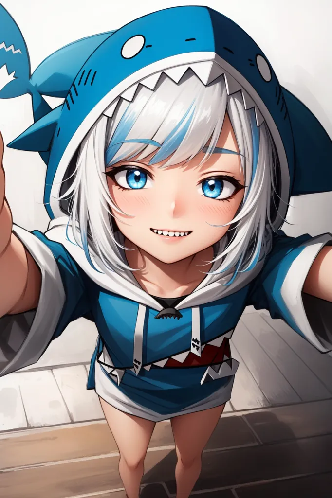 L'image représente une fille de style anime aux cheveux blancs et bleus. Elle porte un sweat à capuche bleu avec des dents de requin et une nageoire de requin sur la capuche. La fille a les yeux bleus et sourit. Elle fait également un signe de paix.