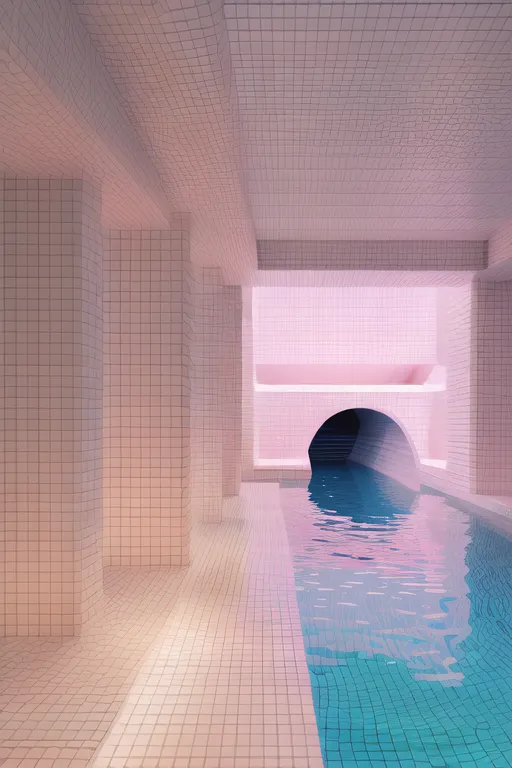 The image is a long, narrow swimming pool with pink tiled walls and a blue water surface. The pool is surrounded by white tiled walls and a white tiled ceiling. There is a dark tunnel at the end of the pool.