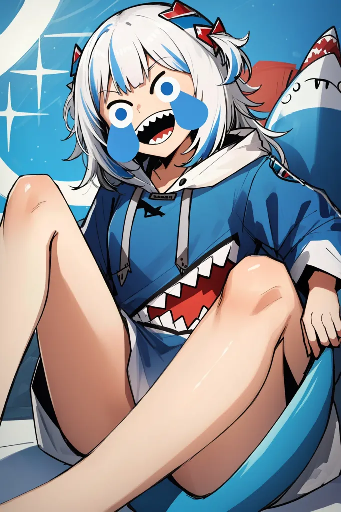 L'image représente une fille de style anime aux cheveux blancs et aux yeux bleus. Elle porte un sweat à capuche bleu avec un design de bouche de requin sur le devant. Elle est assise sur un bouée bleue avec une nageoire de requin dépassant de l'eau derrière elle. La fille sourit, la bouche ouverte et a des larmes dans les yeux. Elle rougit également. L'arrière-plan est de couleur bleu clair avec quelques étoiles.