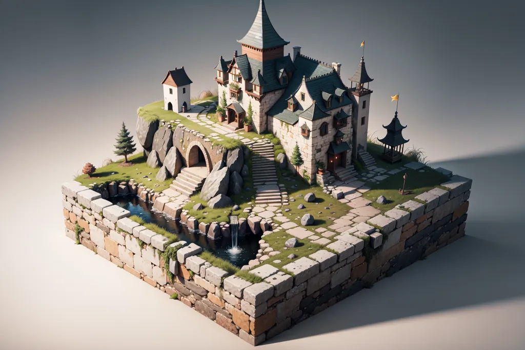 The image shows a diorama of a fantasy castle. The castle is made of gray stone with green and brown accents. It has a large tower in the center, with two smaller towers on either side. There is a gatehouse with a portcullis in front of the castle. The castle is surrounded by a wall with crenellations. There is a small village outside the walls with two houses and a well. A river runs through the middle of the diorama, with a small waterfall. There are trees and rocks scattered around the diorama. The diorama is set on a gray stone platform.