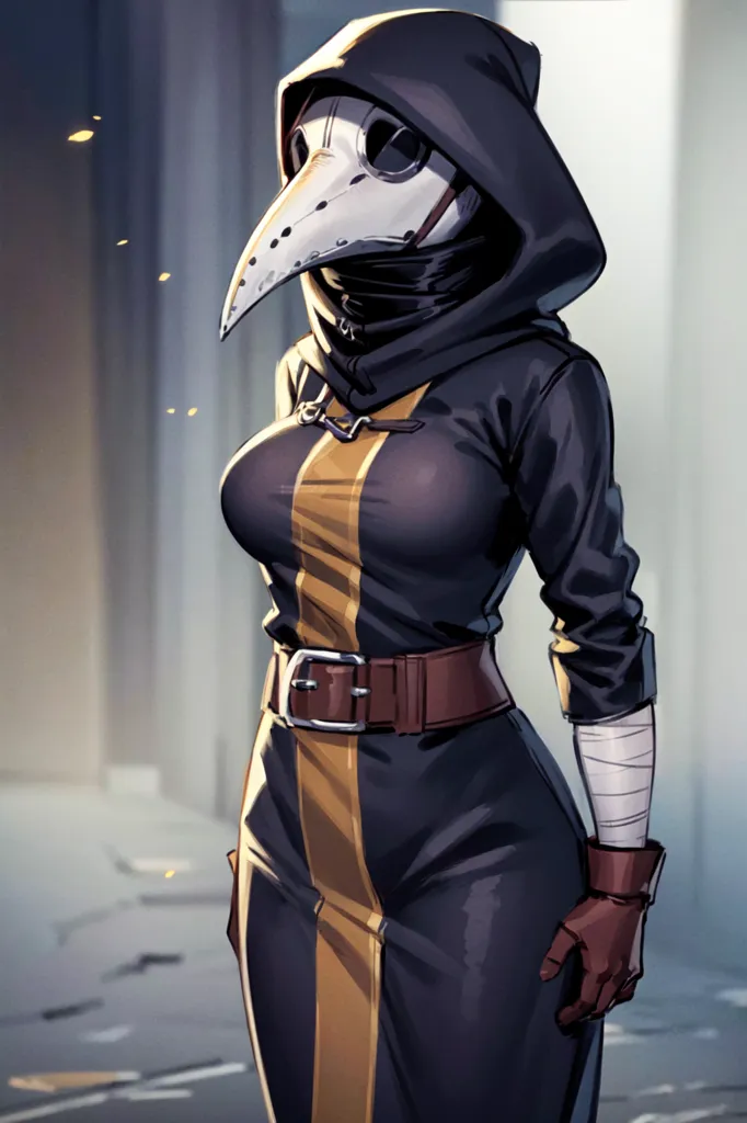 The image is of a woman wearing a plague doctor's costume. The costume is black with yellow trim and consists of a long dress, a belt, a hat, and a mask. The mask is white with a long beak-like nose and two eye holes. The woman is standing in a dark room with a stone floor. There is a door on the left and a window on the right. The window is covered in cobwebs. The image is dark and mysterious.