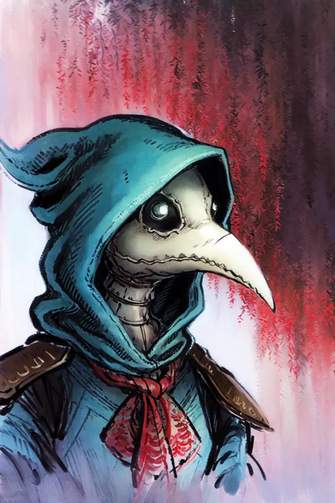 The image is of a plague doctor, a physician who treated victims of the plague during the Middle Ages. The plague doctor is wearing a protective suit, including a long blue cloak, a leather hat, and a beak-like mask. The mask is designed to protect the doctor from inhaling the miasma, which was believed to be the cause of the plague. The doctor is also carrying a staff, which was used to examine patients and keep them at a distance. The image is painted in a realistic style, and the colors are dark and muted. The overall effect is one of mystery and foreboding.