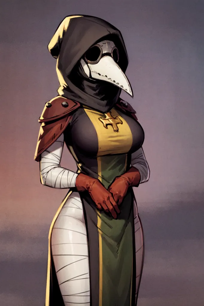 The image is of a woman wearing a plague doctor's costume. She is wearing a black hat with a long beak-like mask. The mask has two eye holes and a small hole for the mouth. She is also wearing a black cloak with a yellow cross on the front. The cloak is trimmed with red and has a hood. She is wearing brown gloves and her arms are wrapped in bandages. She is standing in front of a dark background.