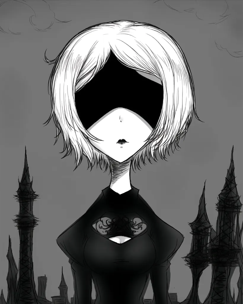 The image is a black and white drawing of a young woman. She has short white hair and a blindfold over her eyes. She is wearing a black dress with a white collar. The background is a grey cityscape with tall buildings and a dark, cloudy sky. The woman's expression is one of sadness and resignation.