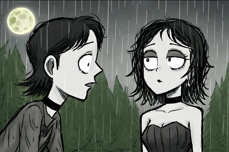 The image is in black and white. It is raining and there is a full moon in the background. Two girls are standing in the rain. They are both wearing black dresses. The girl on the left has short hair and is looking at the girl on the right. The girl on the right has long hair and is looking at the girl on the left.