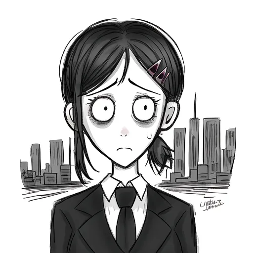 The image is a black-and-white sketch of a young woman with short black hair and wide, frightened eyes. She is wearing a suit and tie, and her hair is pulled back in a ponytail. The background is a cityscape, with tall buildings and a busy street. The woman's expression suggests that she is feeling overwhelmed and anxious.