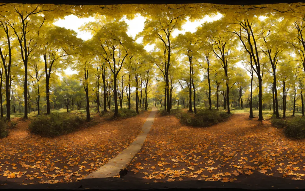 Esta é uma imagem panorâmica de uma floresta de outono. As árvores são altas e de ramos nus, e o chão está coberto de folhas caídas. Há um caminho percorrendo o meio da floresta, e o sol brilha intensamente sobre a cena. As folhas apresentam uma variedade de cores, incluindo amarelo, laranja e vermelho. Há uma leve curva no caminho no meio da imagem.