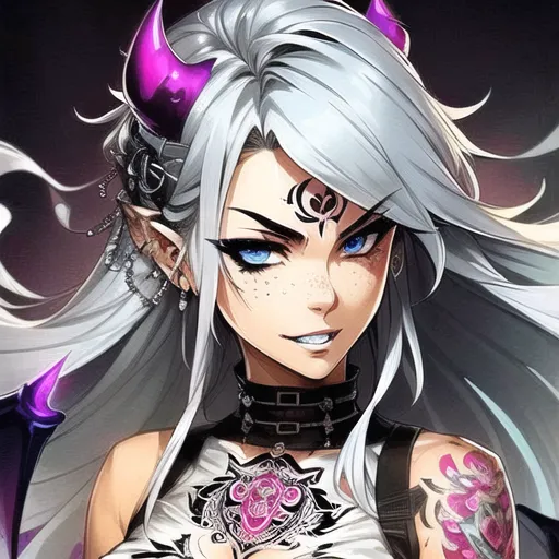 The image is a portrait of a young woman with white hair and purple eyes. She has devil horns and pointed ears. She is wearing a black choker and a white shirt with a black jacket. She has a tattoo on her left arm.