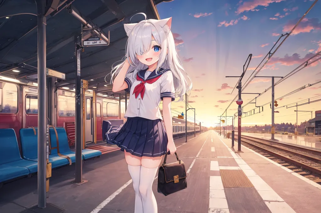 The image is of a young girl with white hair and cat ears. She is wearing a white and blue sailor-style school uniform and a black bag with a brown strap. She is standing on a train platform, and there is a train in the background. The sky is a gradient of orange and blue.