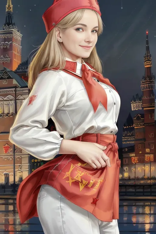 This is an image of a young woman, with blonde hair and blue eyes, wearing a red beret, white blouse, and red apron. The image is set in a city at night, with a clock tower in the background. The woman is smiling and looking at the viewer.