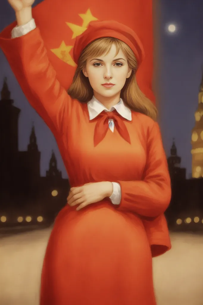 Esta es una pintura de una mujer joven que sostiene una bandera roja. Lleva un boina roja y un vestido rojo. El fondo es un paisaje urbano con una torre del reloj. La mujer está de pie frente a la bandera con la mano izquierda levantada, sosteniendo la bandera. Su mano derecha está en la cadera. Tiene una expresión seria en el rostro.