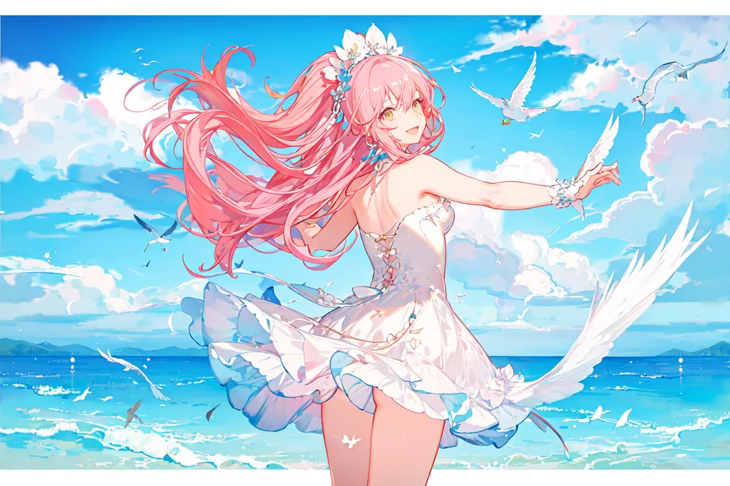 An anime girl with pink hair and yellow eyes is standing on the beach. She is wearing a white dress. The wind is blowing her hair and dress. There are seagulls flying in the sky. The ocean is in the background. The sky is blue and cloudy.